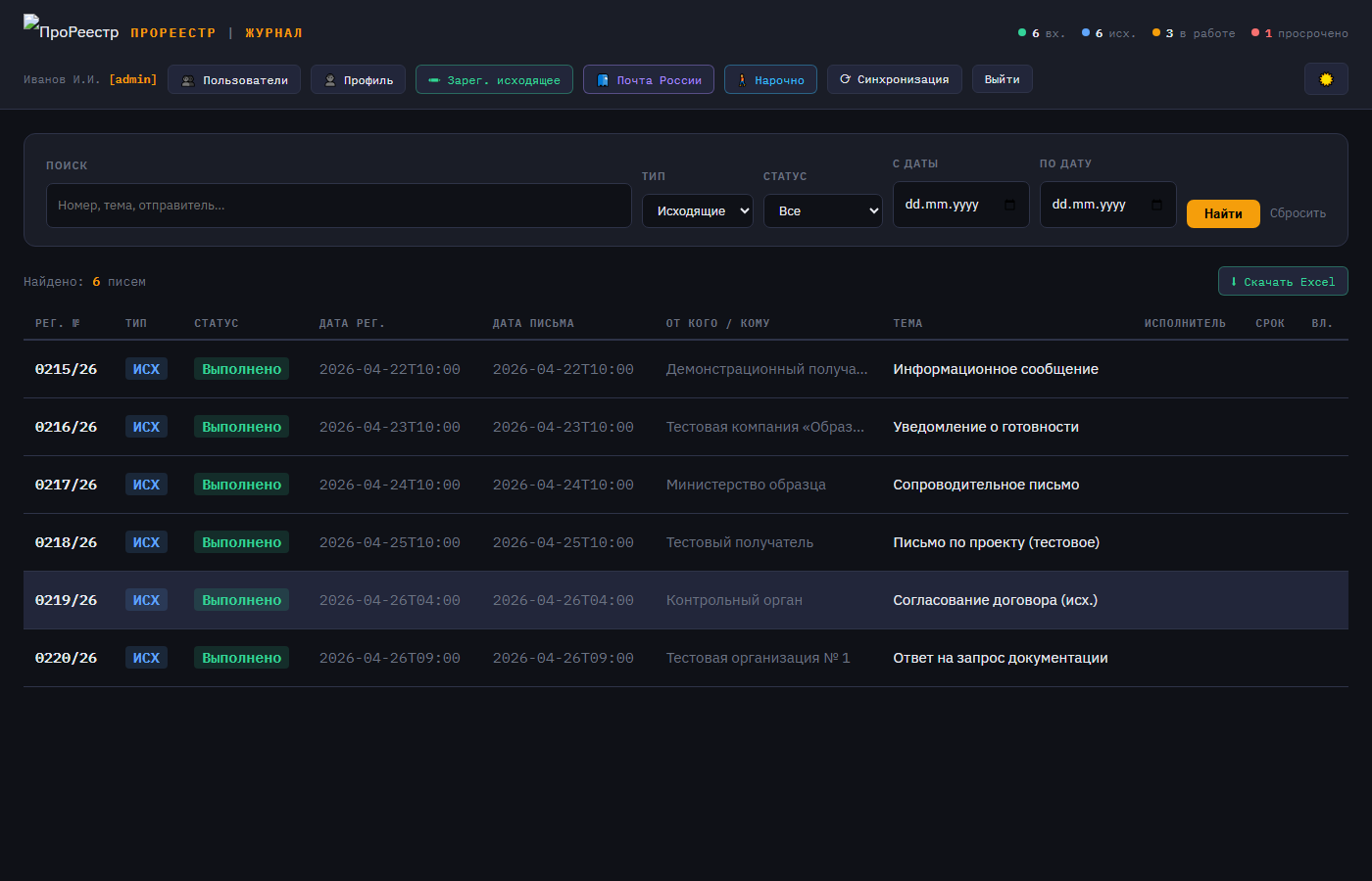 Журнал исходящих